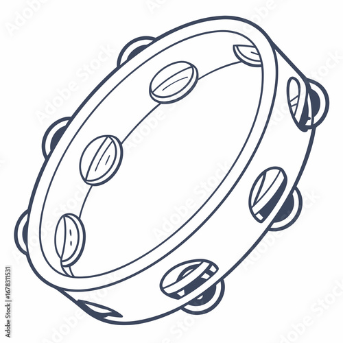 Simple outline drawing of a tambourine with jingles on a white background isolated musical instrument