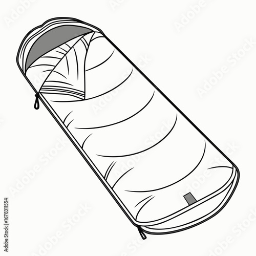 Stylized black and white illustration of a sleeping bag with a zipper and hood for outdoor adventures