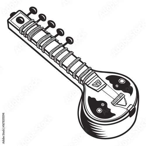Stylized black and white illustration of a traditional indian sitar musical instrument on a white background