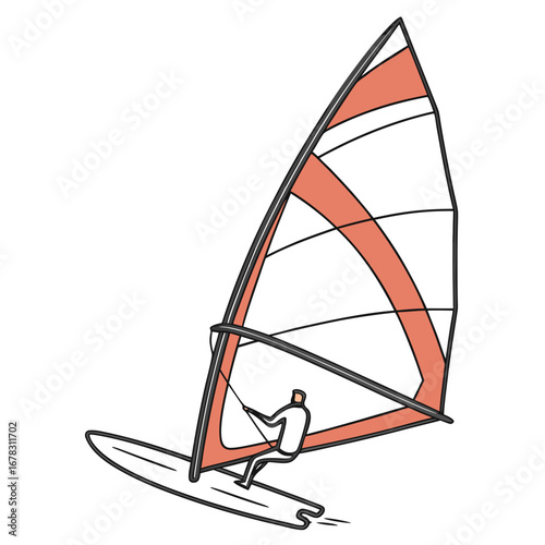 Stylized illustration of a person windsurfing with a coral colored sail on a white background