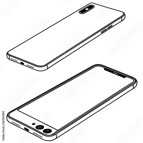 Two isometric line art illustrations of a modern smartphone one showing the front and the other the back