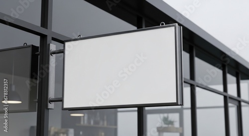 Modern rectangular blank white signboard mockup gracefully hanging on a contemporary glass building facade, ideal for showcasing various business logos and promotional messages