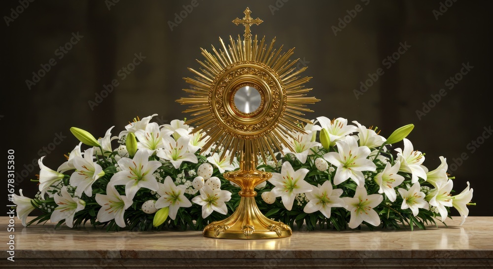 Fototapeta premium Golden Monstrance Adorned with White Lilies and Easter Eggs, a Sacred Display