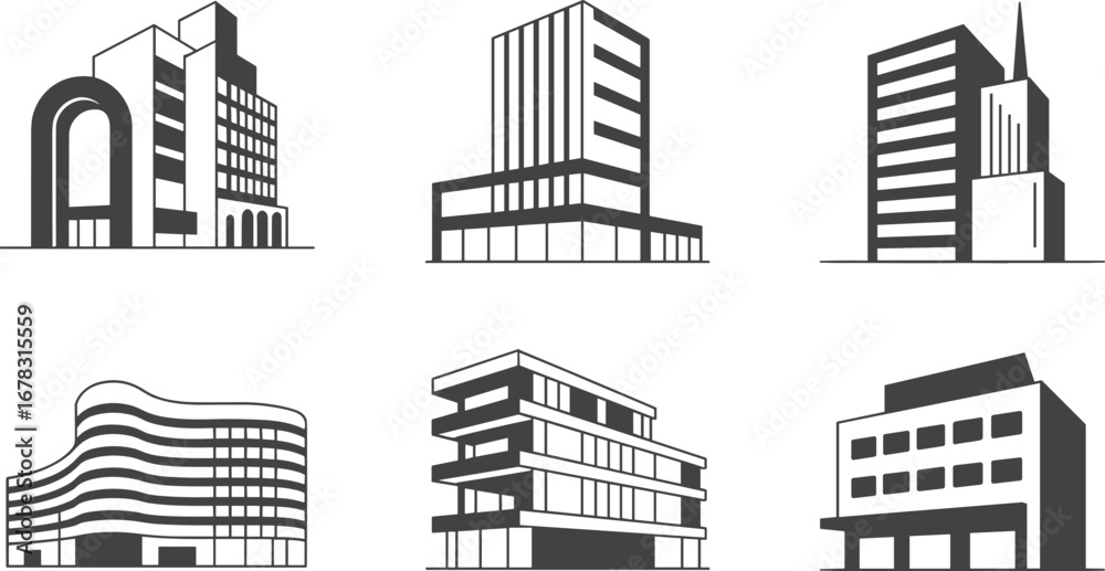 Fototapeta premium Modern building icons, commercial architecture silhouettes, office buildings, urban cityscape symbols, corporate structures, construction designs, real estate graphics
