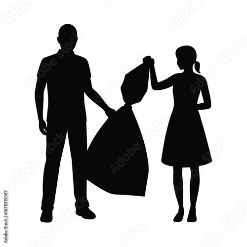 Man and woman collecting trash in garbage bags
