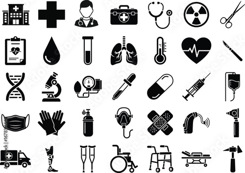 A collection of black and white medical icons, representing various healthcare tools, professionals, and concepts.