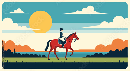 A minimalist illustration of an equestrian and their vibrant red horse, poised against a serene, graphic landscape at sunset. A modern, tranquil take on a classic equestrian scene