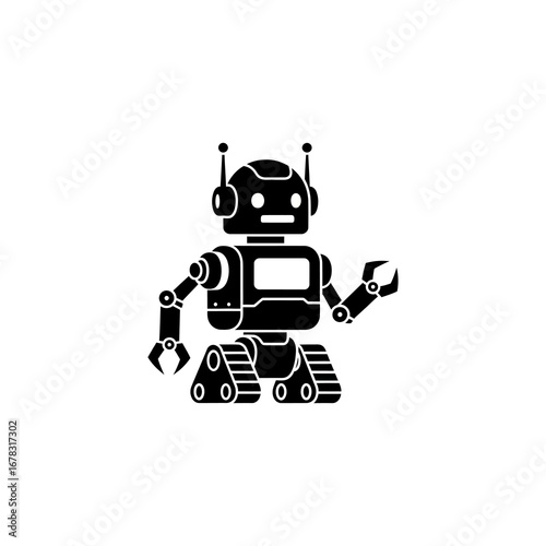 Silhouette of a friendly, stylized robot with articulated limbs and treads.