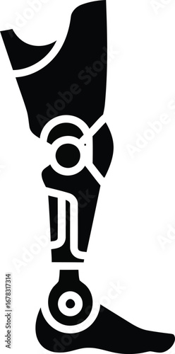 A black and white graphic of a prosthetic leg, showing the design.