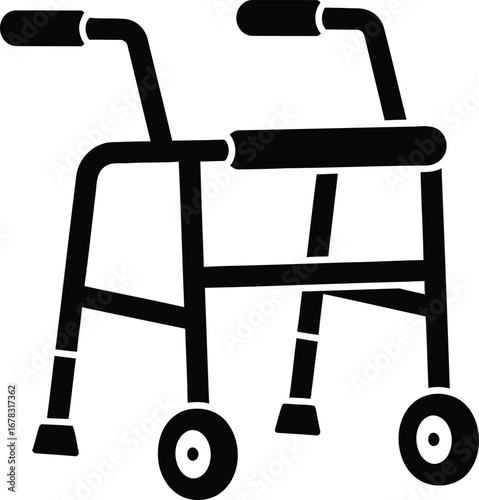 A simple black silhouette of a rollator walker, designed for mobility assistance.