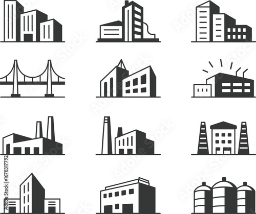 Set of industrial and city building icons, factory symbols, modern architecture, urban infrastructure, commercial buildings, industrial plants, bridges, cityscape design