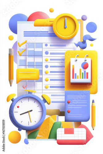 vector art of productivity tools including planner, checklist, and deadline calendar with bright modern colors on white background for time management and daily organization concept