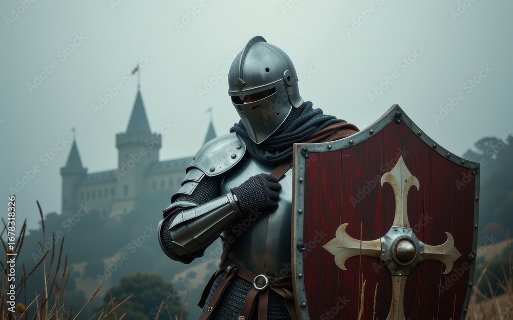 Naklejka premium A knight in armor stands guard with a castle in the background.