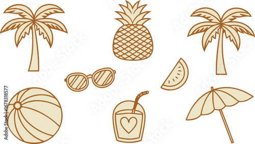 Beach ball and palm trees pair with tropical snacks for summer fun on white