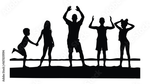 Silhouette of five people with arms raised