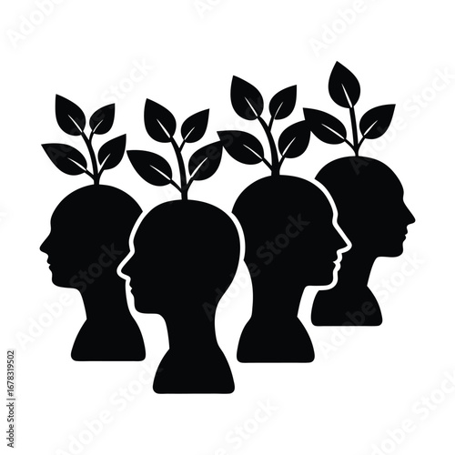 Silhouettes of four heads with plants growing from them