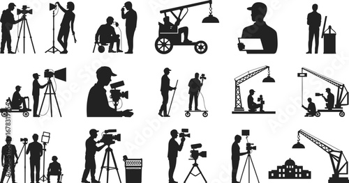 Silhouette icons of filmmakers, cameramen, video production crew, movie shooting, camera equipment, director, crane shots, filming process, studio work, media production.