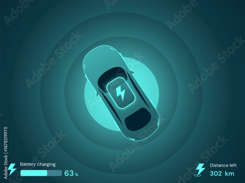 Top view electric car dashboard hologram interface with The car is centered Aura circles and Battery charging status vector design concept. EV charging design for EV Car, EV station, ui, clean energy.