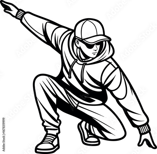 Outlined character in hoodie and cap squats and points in a monochrome, transparent scene