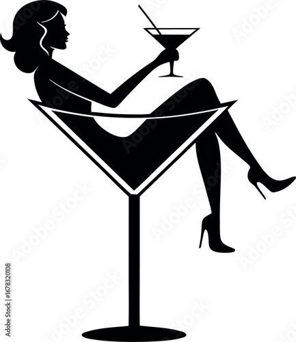Silhouette shows a woman drinking a martini while comfortably sitting inside a giant glass