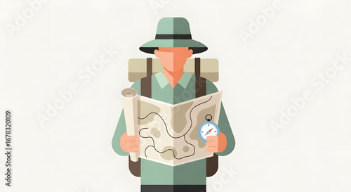 Journey Planner A Flat Illustration of a Traveler with Map and Compass, Ready for Adventure, Exploration, and Navigation