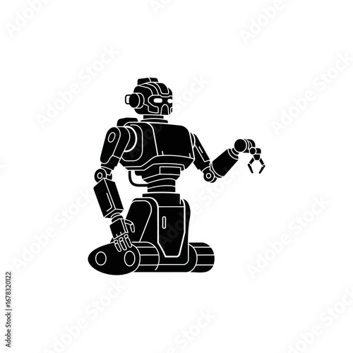 A black silhouette illustration of a futuristic humanoid robot with a tracked base, holding a small object with its mechanical claw.