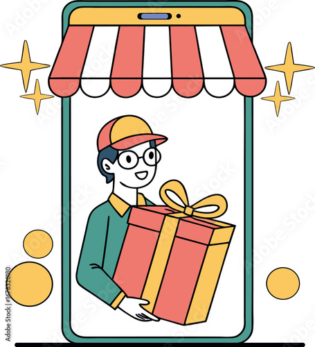 Smiling delivery man inside mobile frame holding gift with celebratory stars and transparent background