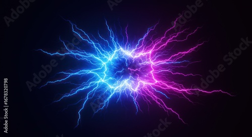 Abstract energy burst; vibrant blue and pink lightning radiating outwards in a dark background.