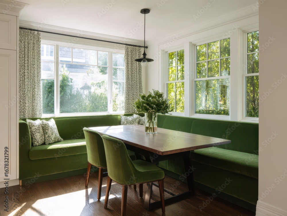 Fototapeta premium A sun-drenched kitchen nook with a long, emerald green window seat, perfect for casual dining, is highlighted by its large, bright windows and patterned drapes.