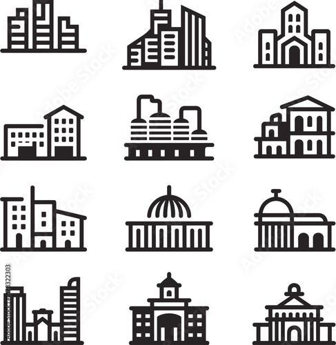 Urban building icon collection, city architecture symbols, modern and historical structure vector set, black line art, CAD drawing illustration.