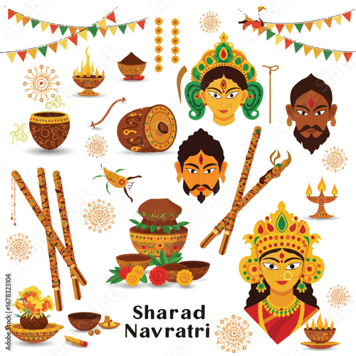 Sharad Navratri festival celebration in a vibrant 2D flat vector illustration, featuring traditional Indian symbols and festive decorations, isolated on a white background.