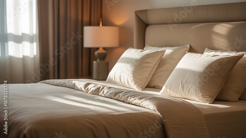Cozy bedroom with neatly arranged bed, soft lighting, and warm tones creating a serene atmosphere
