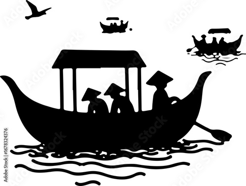 fishing boat in the sea, ship, boat, silhouette, sea, vector, transportation, cargo, illustration, vessel, fishing, water, nautical, icon, tanker, transport, black, cruise, ocean, military, sailboat, 