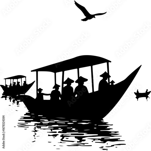 fishing boat in the sea, ship, boat, silhouette, sea, vector, transportation, cargo, illustration, vessel, fishing, water, nautical, icon, tanker, transport, black, cruise, ocean, military, sailboat, 