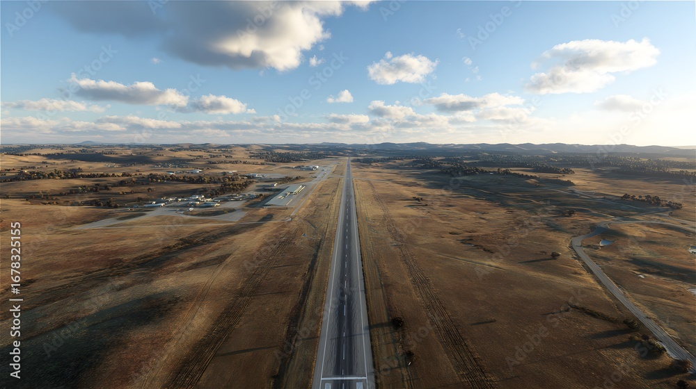 Fototapeta premium Aerial view of airport runway landscape with blue sky clouds and horizon travel destination scenic flight 