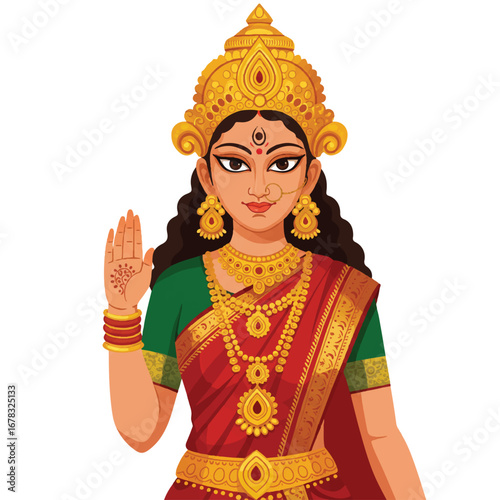 A vibrant 2D flat vector illustration showcases Hindu Goddess Durga with a blessing hand, symbolizing divine grace and prosperity for the auspicious Sharad Navratri festival, isolated.