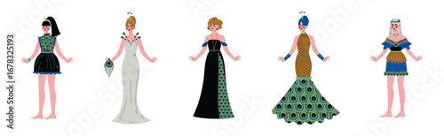 Beautiful Young Woman Wearing Peacock Dress Vector Set
