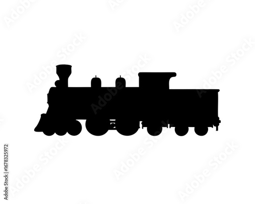 Silhouette of a vintage steam locomotive train on a white background