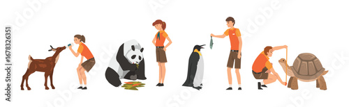 Man and Woman Zookeeper Engaged in Daily Care of Animal Vector Set