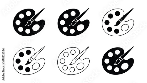 Art palettes with brushes in black and white paint brush artist tool