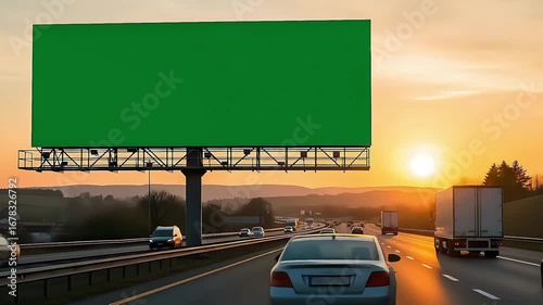 wide blank green billboard or large advertising display. Chroma key, time lapse, green screen, template, mock up and copy space concept