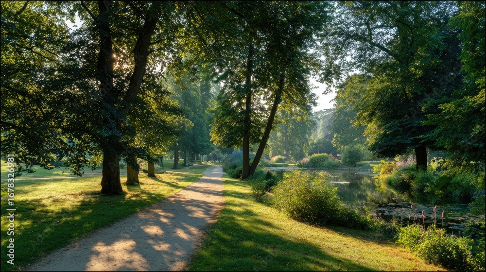 Fototapeta premium Sunny park path through lush trees