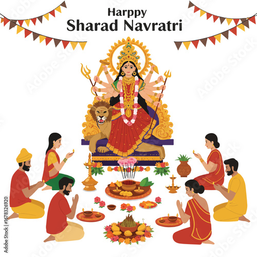 Vibrant 2D flat vector illustration depicting a traditional Sharad Navratri puja ceremony with goddesses, offerings, and devotees, isolated on a clean white background.