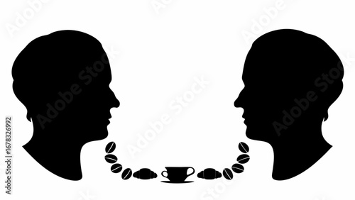 Two facing head silhouettes with coffee beans croissants and coffee cup in between on a white background