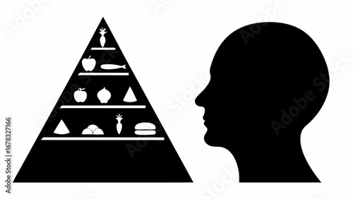 Illustration showing a black silhouette of a head next to a food pyramid with various food items