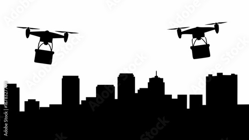 Two drones delivering packages over a city skyline in silhouette against a white background in the evening