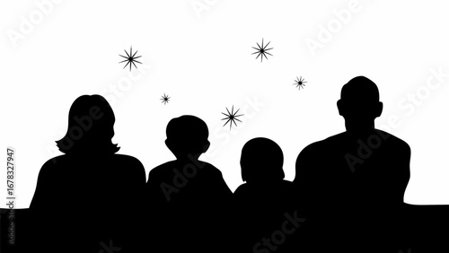 Silhouette of a family watching stars in the night sky together in a dark and mysterious illustration