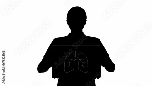 Silhouette of a person holding an x ray of lungs in front of them against a white background view