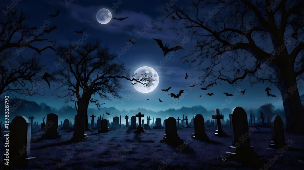 Fototapeta premium Haunted graveyard under full moon with gothic atmosphere, spooky Halloween night scene, dark cemetery horror background, eerie supernatural fantasy landscape