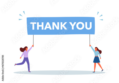 Two women holding thank you sign in flat design.